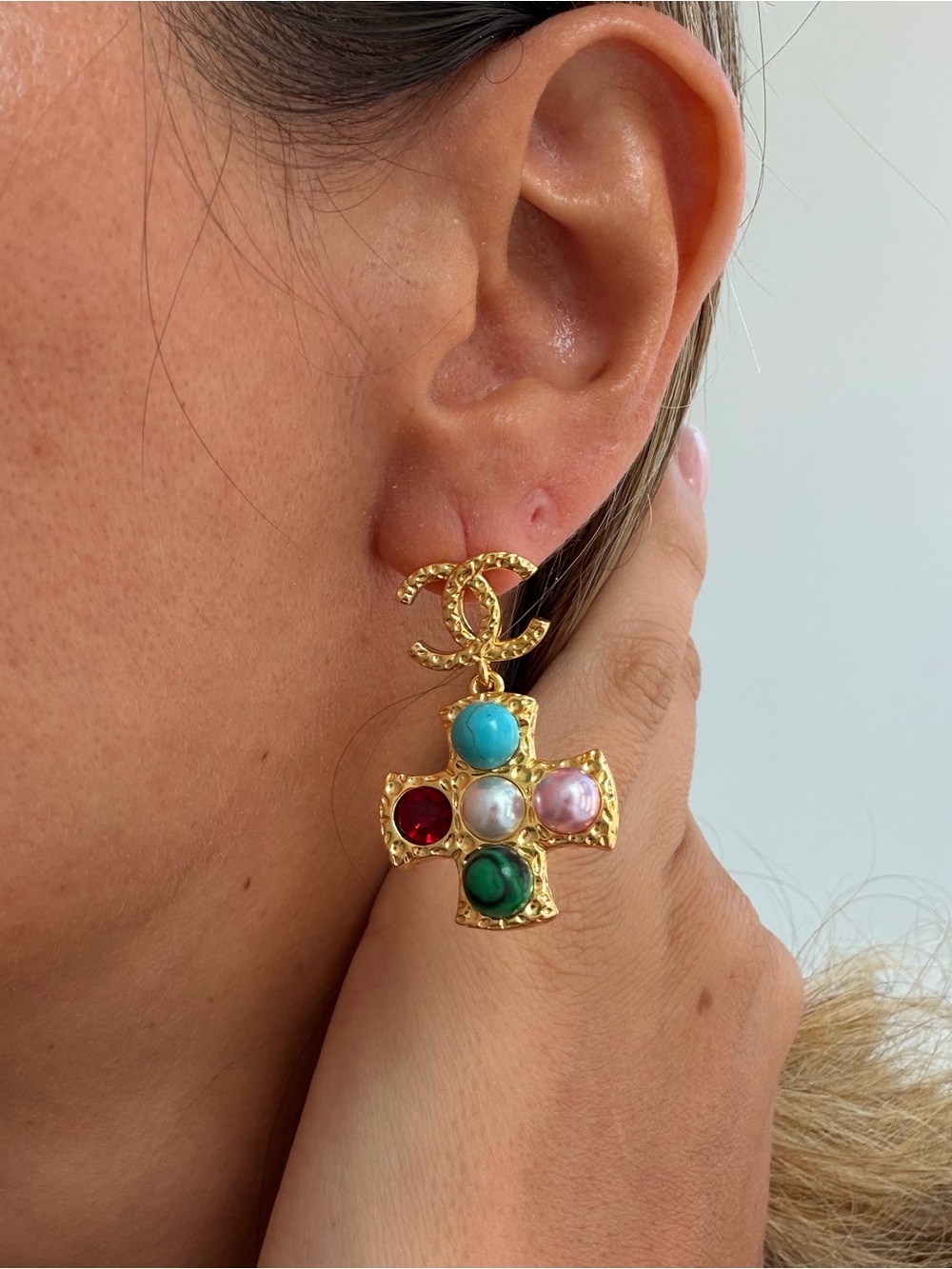 💖CHANEL Gold Cross Drop Earrings with Turquoise, Green, Red and Pink Accents💚❤️🩵 - Picture 6 of 9